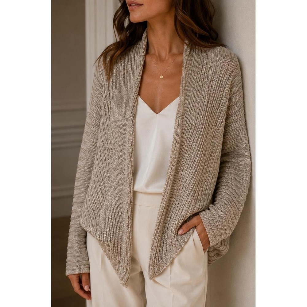 Ralph Lauren Black Label Open Front Silver Cardigan Metallic Knit Medium
